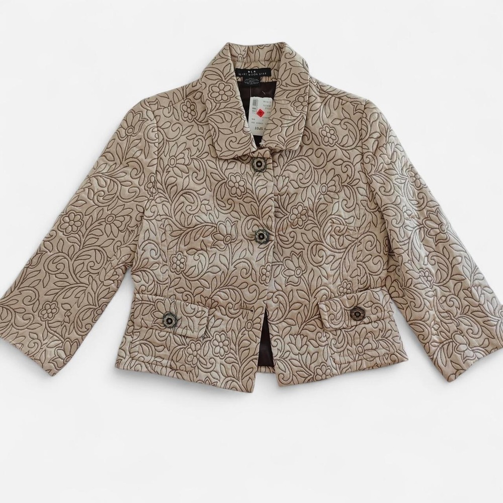 NWT 2000s Heart Moon Star Beige Floral Embroidered Button Front Jacket Deadstock